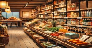 A beautifully arranged Japanese grocery store showcasing colorful produce, traditional snacks, and beverages on neatly organized shelves with a warm, inviting atmosphere.