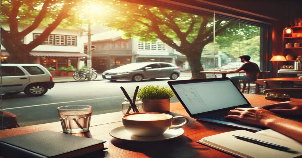 A serene coffee shop scene featuring a large window view, a laptop, and a steaming cup of coffee on the table.